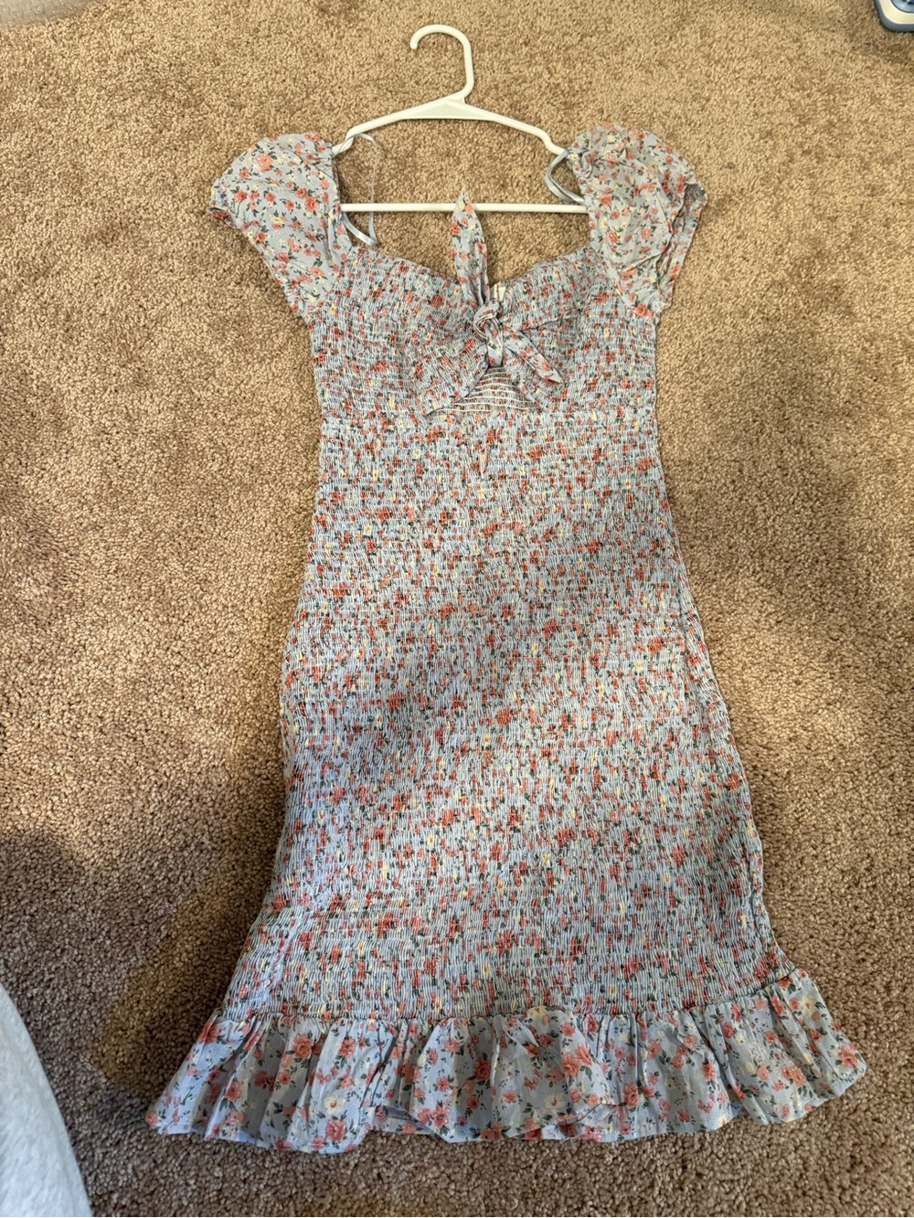 Floral Smocked Midi Dress with Tie-Front Detail - Light Blue